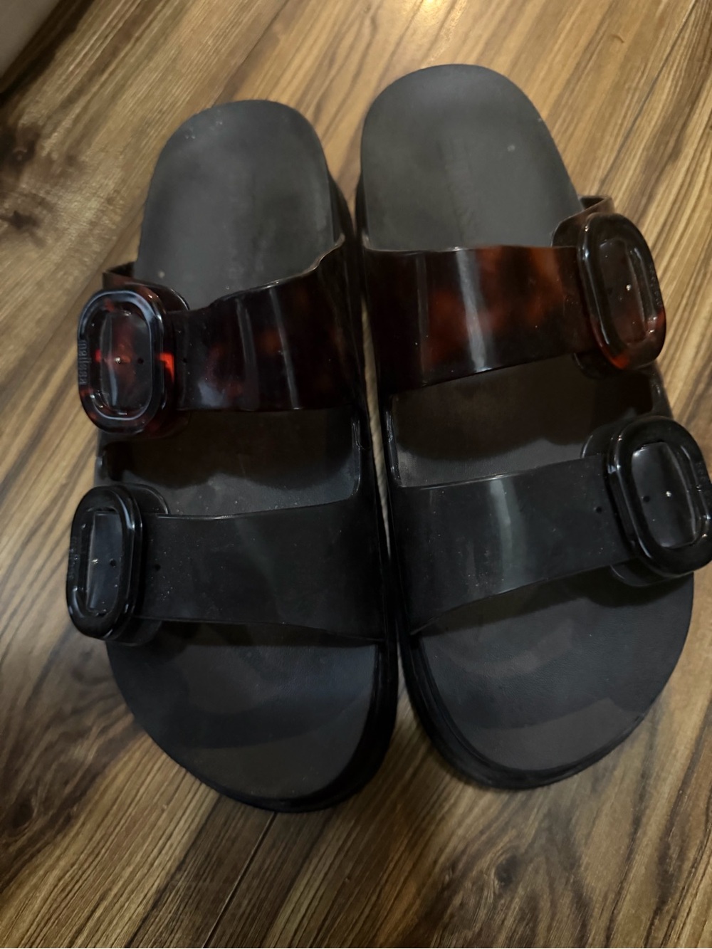 Melissa Women's Black and Tortoiseshell Double Strap Slide Sandals